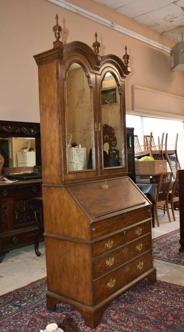 Vintage Baker Furniture Burled Walnut Drop Front Secretary Desk, Bookcase