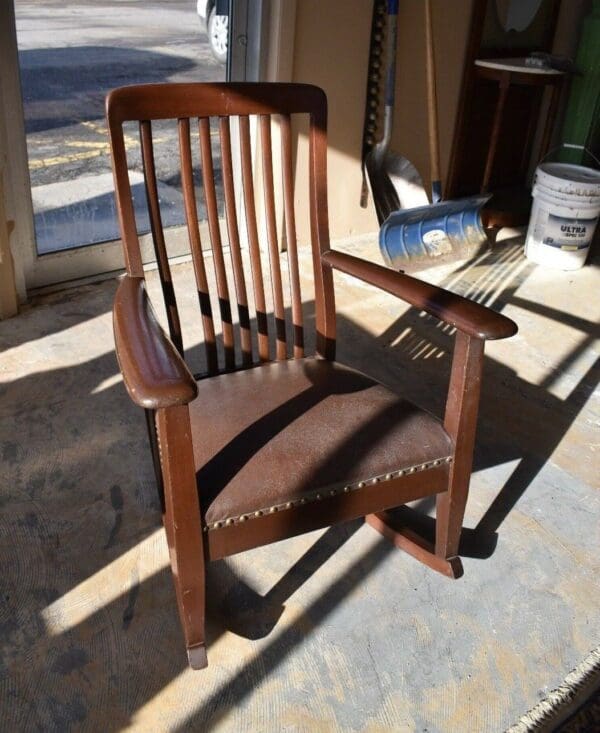 Antique Mahogany Leather Upholstered Rocking Chair, Rocker