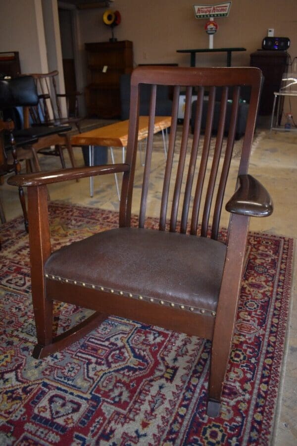 Antique Mahogany Leather Upholstered Rocking Chair, Rocker