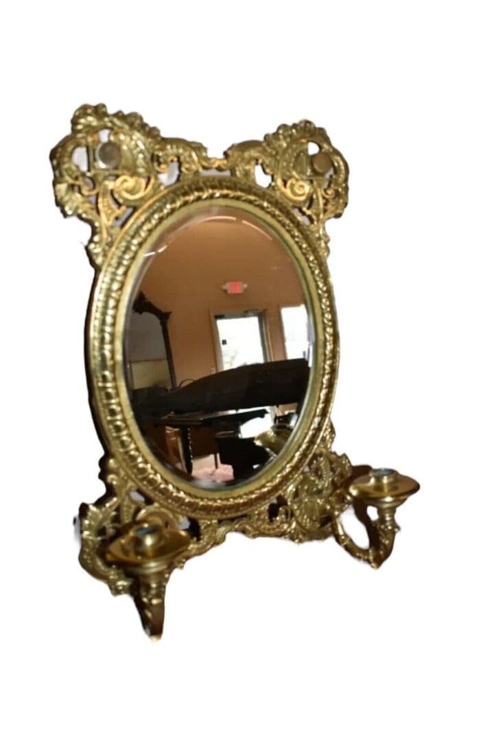 Vintage Victorian Style Brass Wall Mirror, Candle Sconce