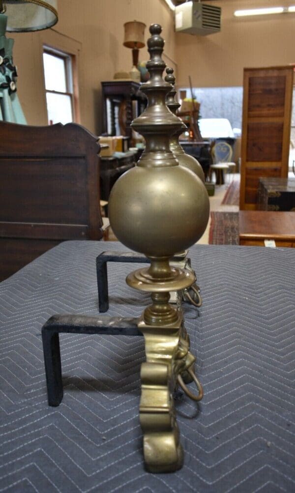 Antique Brass Fireplace Andirons, a Pair