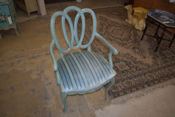 Vintage Mid Century Blue Velvet Striped Dining Antique Armchair