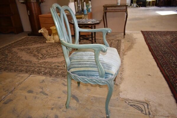 Vintage Mid Century Blue Velvet Striped Dining Antique Armchair