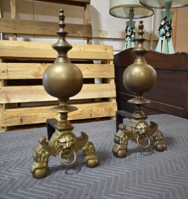 Antique Brass Fireplace Andirons, a Pair