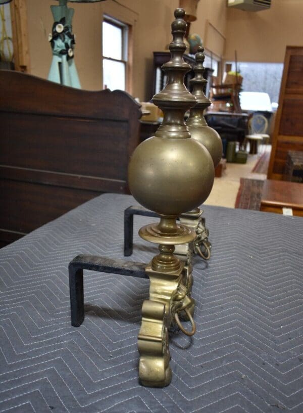 Antique Brass Fireplace Andirons, a Pair