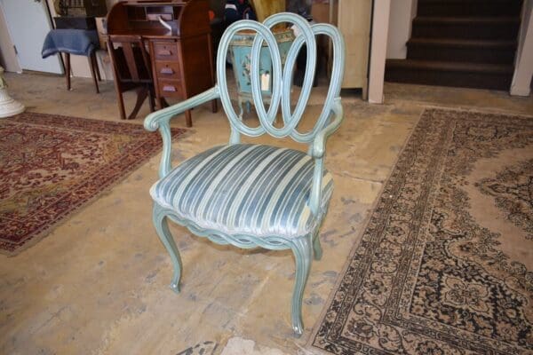 Vintage Mid Century Blue Velvet Striped Dining Antique Armchair