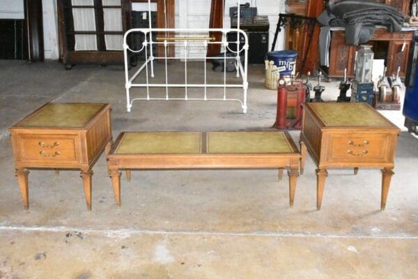 Vintage Leather Top Coffee and End Table Set, Wood & Brass