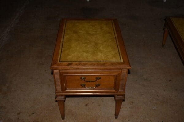 Vintage Leather Top Coffee and End Table Set, Wood & Brass