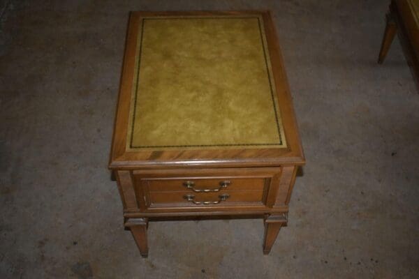 Vintage Leather Top Coffee and End Table Set, Wood & Brass