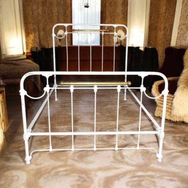 Antique Full Size White Iron and Brass Bed