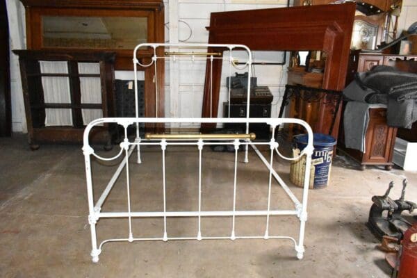 Antique Full Size White Iron and Brass Bed