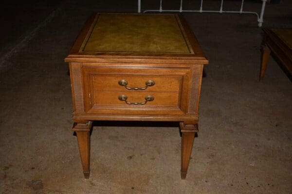 Vintage Leather Top Coffee and End Table Set, Wood & Brass