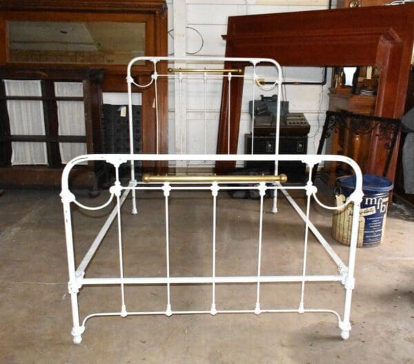 Antique Full Size White Iron and Brass Bed