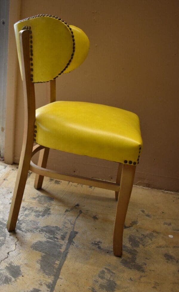 Mid Century Modern Yellow Vinyl Upholstered Wood Side Chair