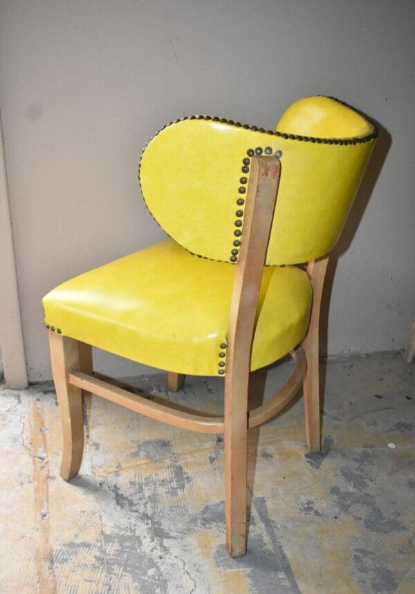 Mid Century Modern Yellow Vinyl Upholstered Wood Side Chair