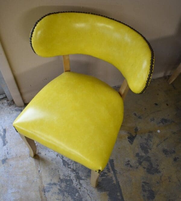 Mid Century Modern Yellow Vinyl Upholstered Wood Side Chair