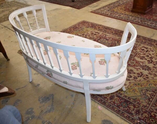 Vintage Oval White Painted Arrow Back Settle, Bench