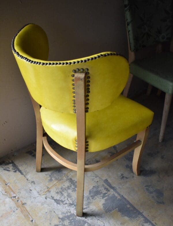 Mid Century Modern Yellow Vinyl Upholstered Wood Side Chair