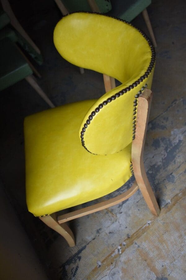 Mid Century Modern Yellow Vinyl Upholstered Wood Side Chair