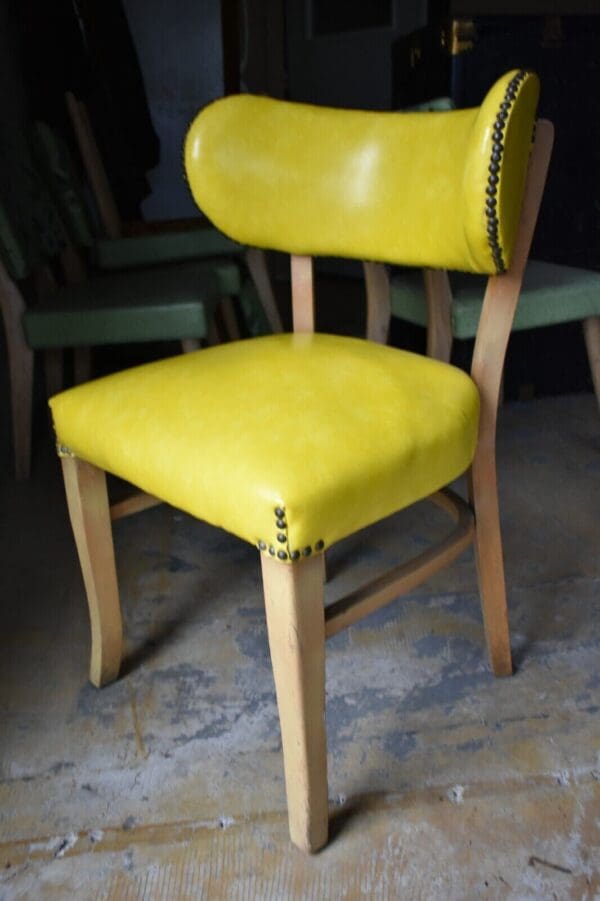 Mid Century Modern Yellow Vinyl Upholstered Wood Side Chair