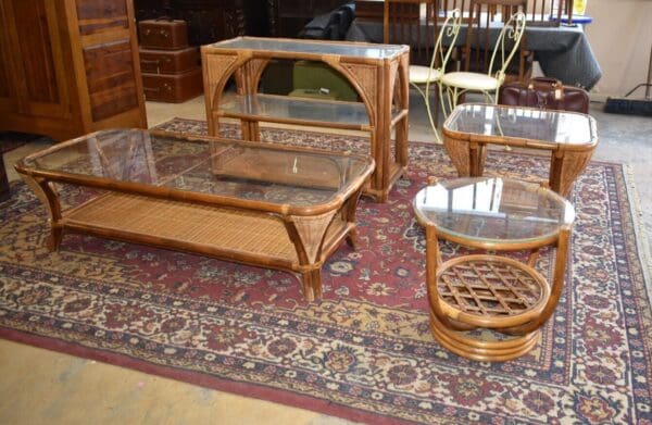 Bamboo Wicker Parlor Set, 4 Pieces, Coffee Table Side Tables