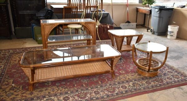 Bamboo Wicker Parlor Set, 4 Pieces, Coffee Table Side Tables