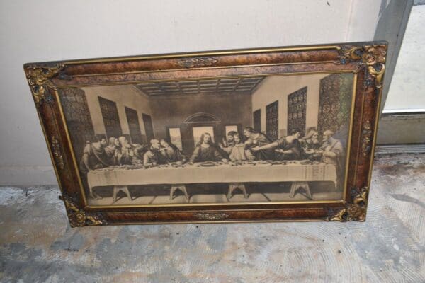 Vintage Black & White Last Supper Print in Art Deco Frame, Lithograph