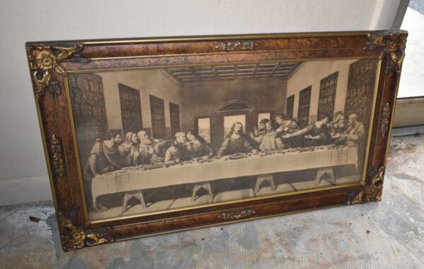 Vintage Black & White Last Supper Print in Art Deco Frame, Lithograph