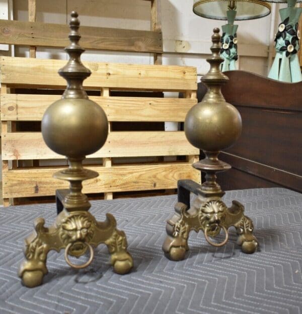 Antique Brass Fireplace Andirons, a Pair