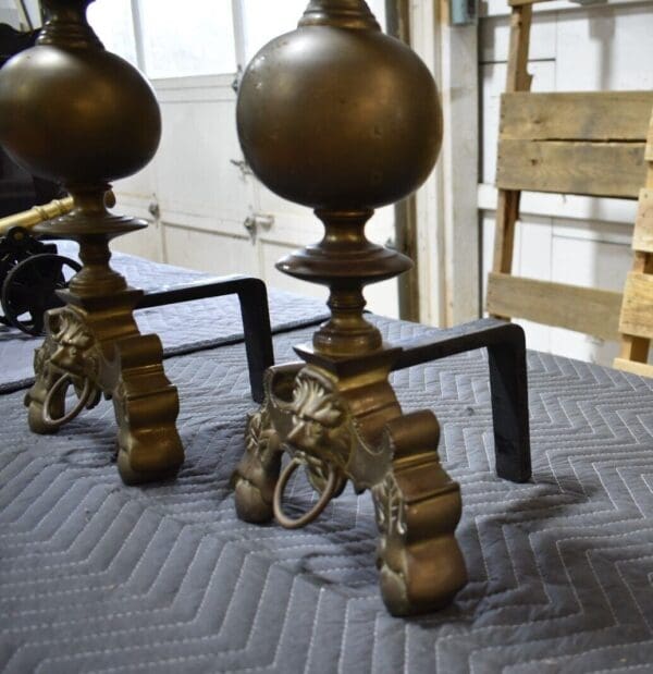 Antique Brass Fireplace Andirons, a Pair