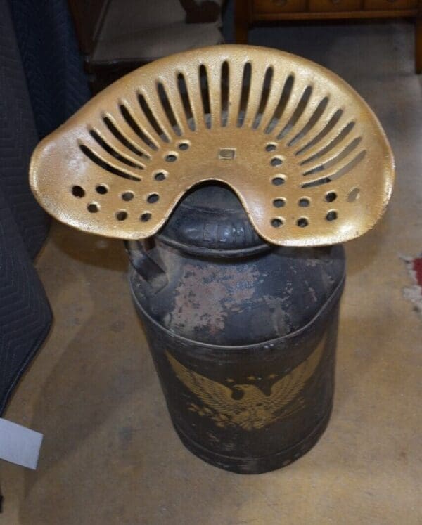 Antique Tractor Seat Chair on Vintage Metal Milk Can, Jamaica NY