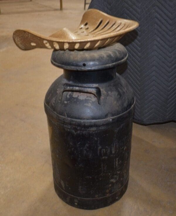 Antique Tractor Seat Chair on Vintage Metal Milk Can, Jamaica NY