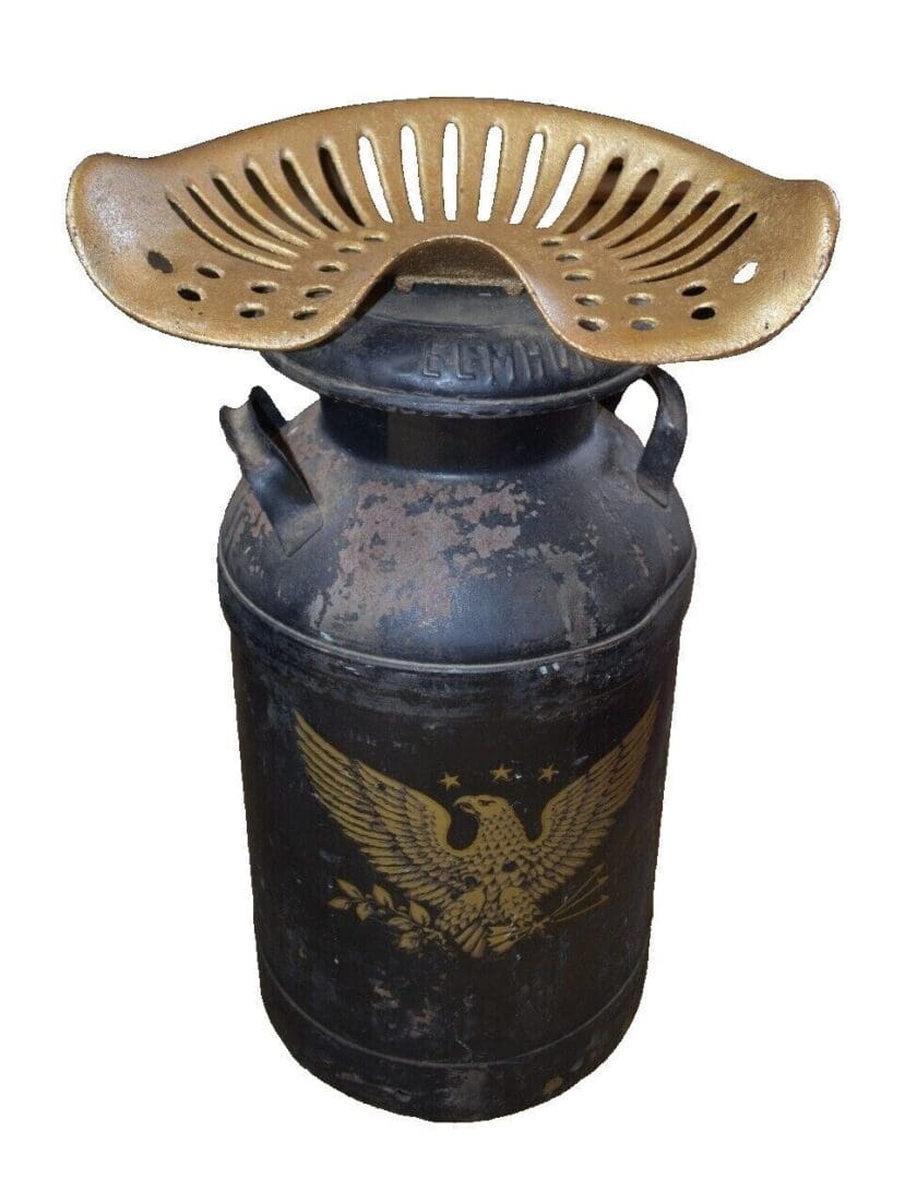 Antique Tractor Seat Chair on Vintage Metal Milk Can, Jamaica NY