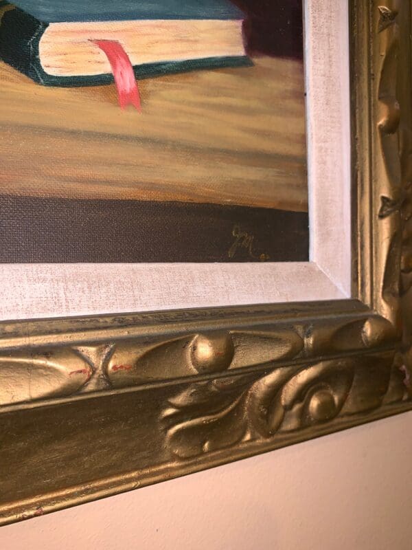 Vintage Framed Painting on Canvas Still Life Floral with Book - The ...