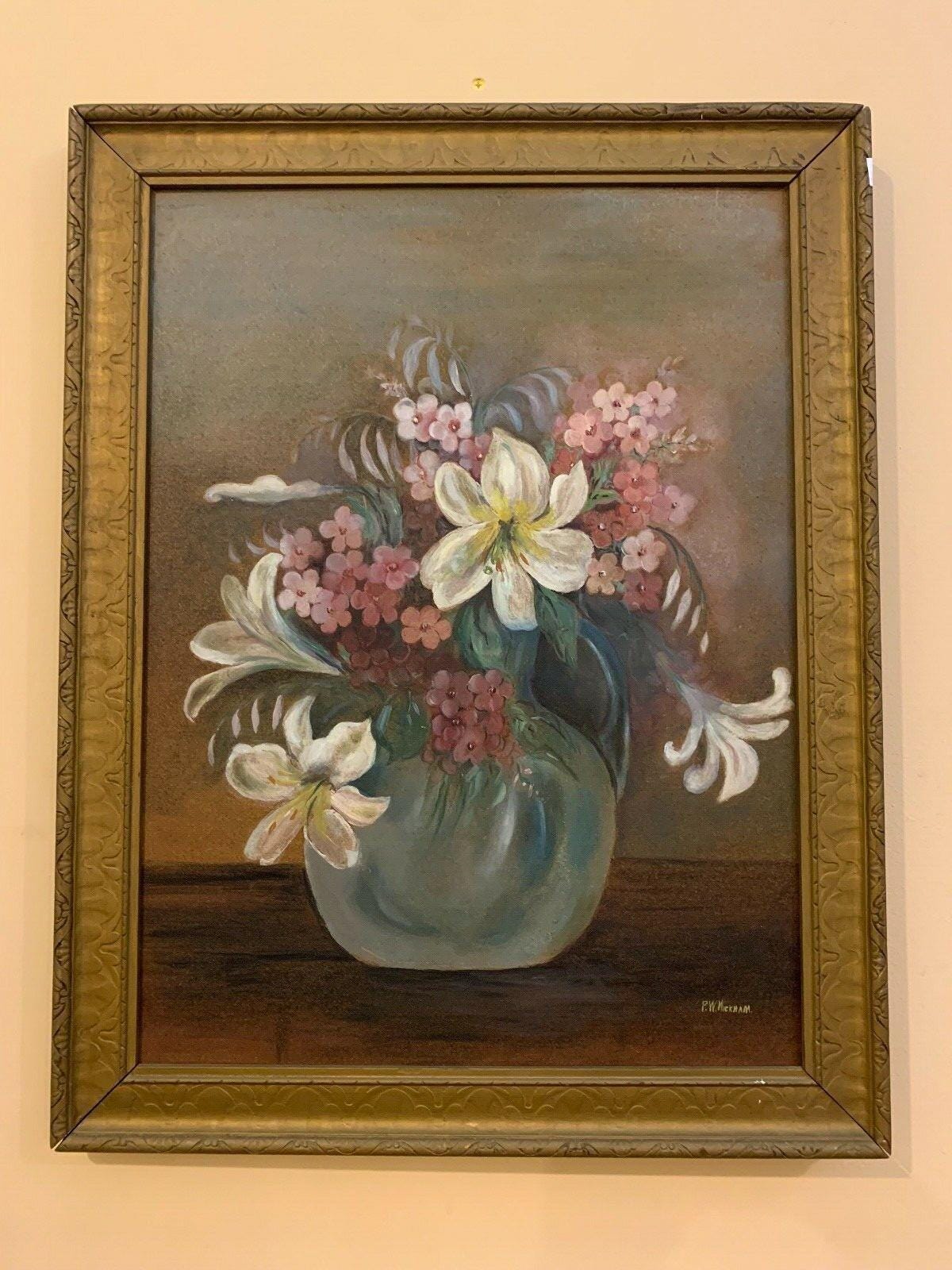Vintage Oil on Board Floral Still Life, Painting P.W. Wickham