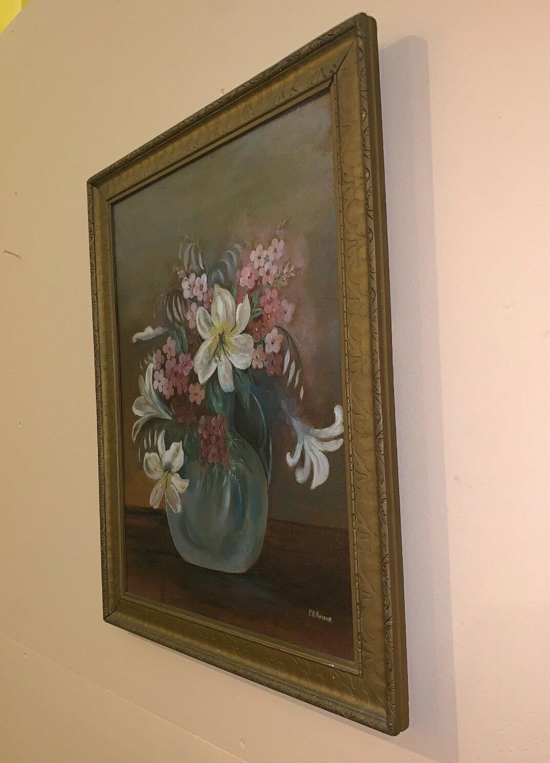 Vintage Oil on Board Floral Still Life, Painting P.W. Wickham