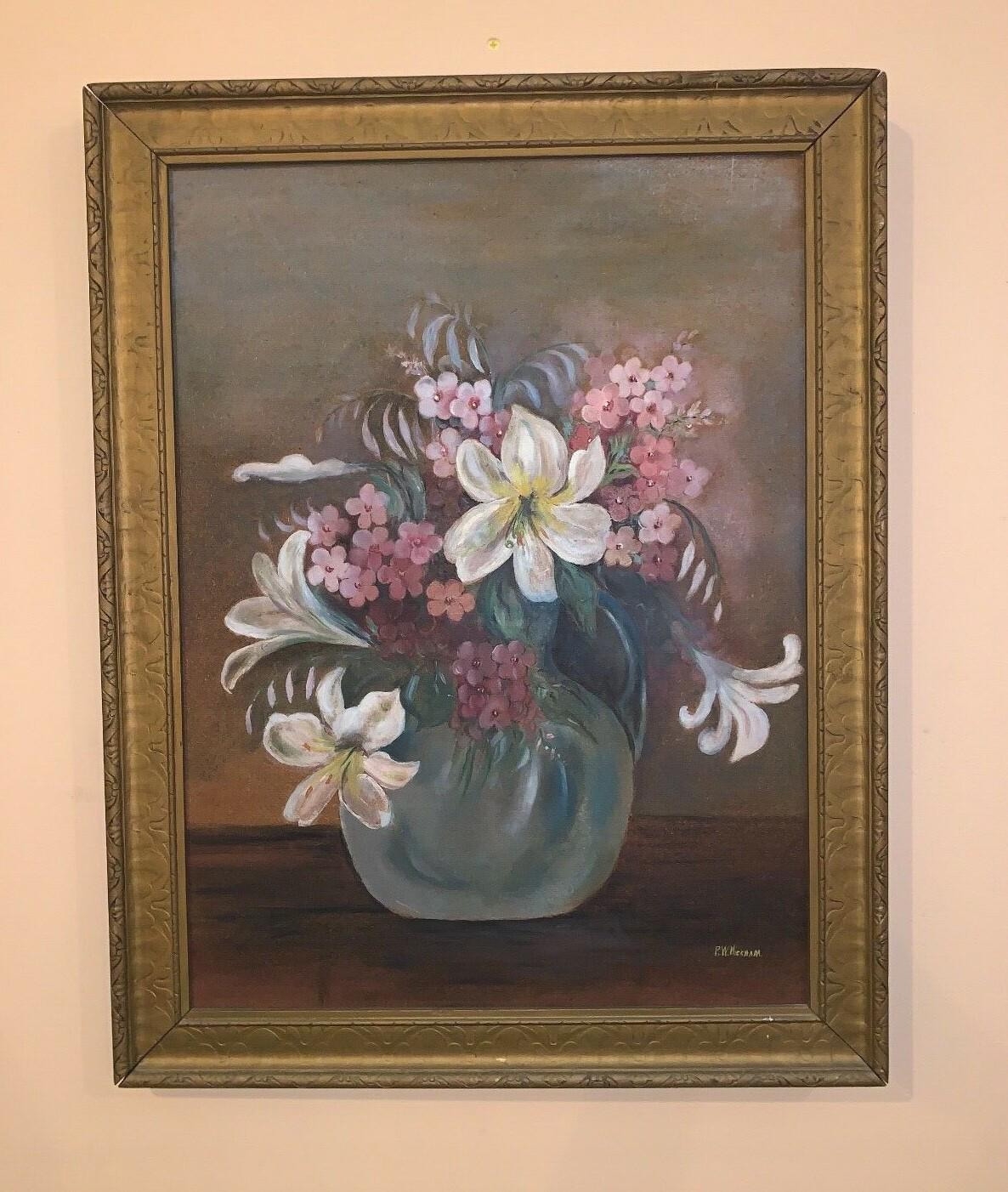 Vintage Oil on Board Floral Still Life, Painting P.W. Wickham